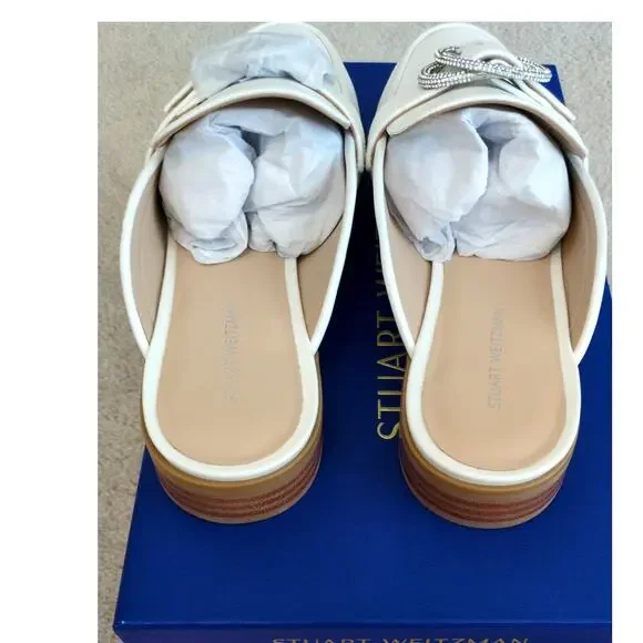 Stuart Weitzman White Crystal Buckle Leather Mules - Picture 5 of 8